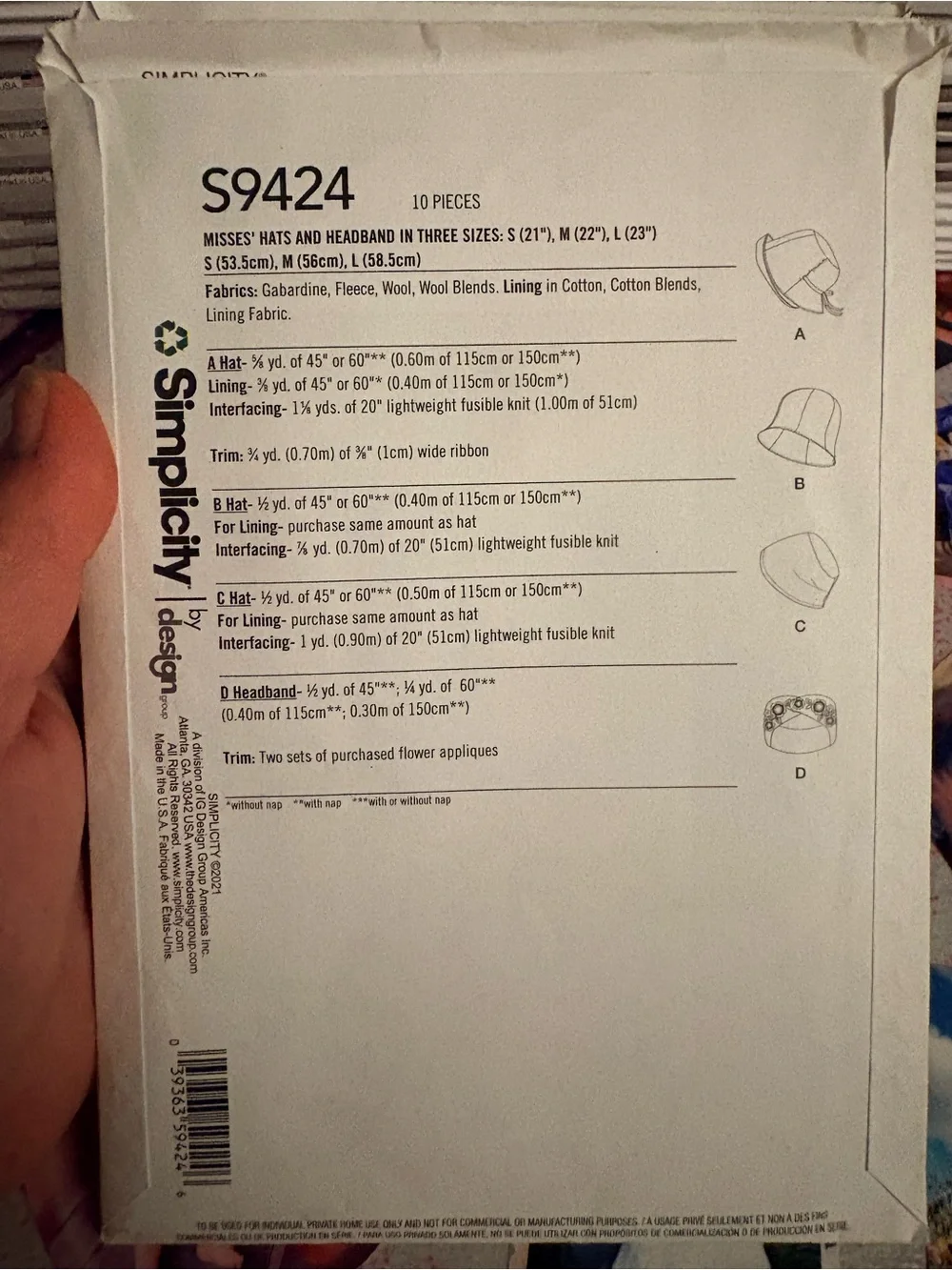 BN UNCUT SIMPLICITY 9424 A SEWING PATTERNS HATS